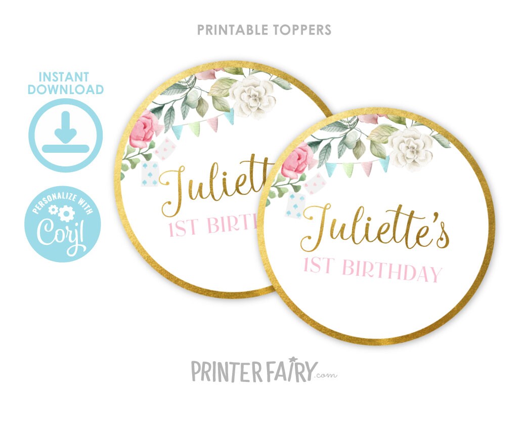 Alice in Wonderland Toppers, EDITABLE Birthday Labels (INSTANT DOWNLOAD)