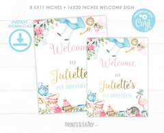 Alice in Wonderland 1st Birthday Welcome Sign, Editable (Digital Download)