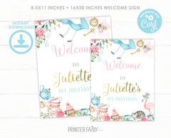 Alice in Wonderland 1st Birthday Welcome Sign, Editable (Digital Download)