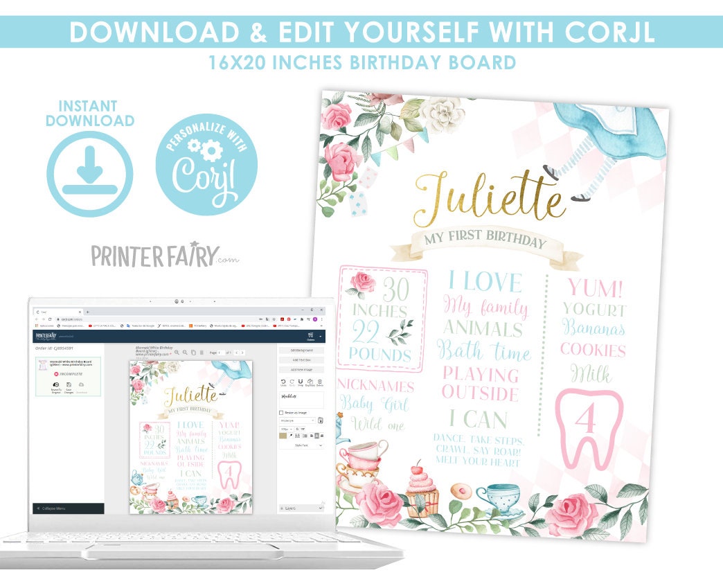 Alice in Wonderland 1st Birthday Milestone Board (INSTANT DOWNLOAD)