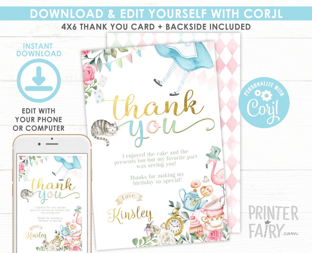 Alice in Wonderland Thank You Card, Editable Template (Instant Download)