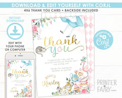 Alice in Wonderland Thank You Card, Editable Template (Instant Download)
