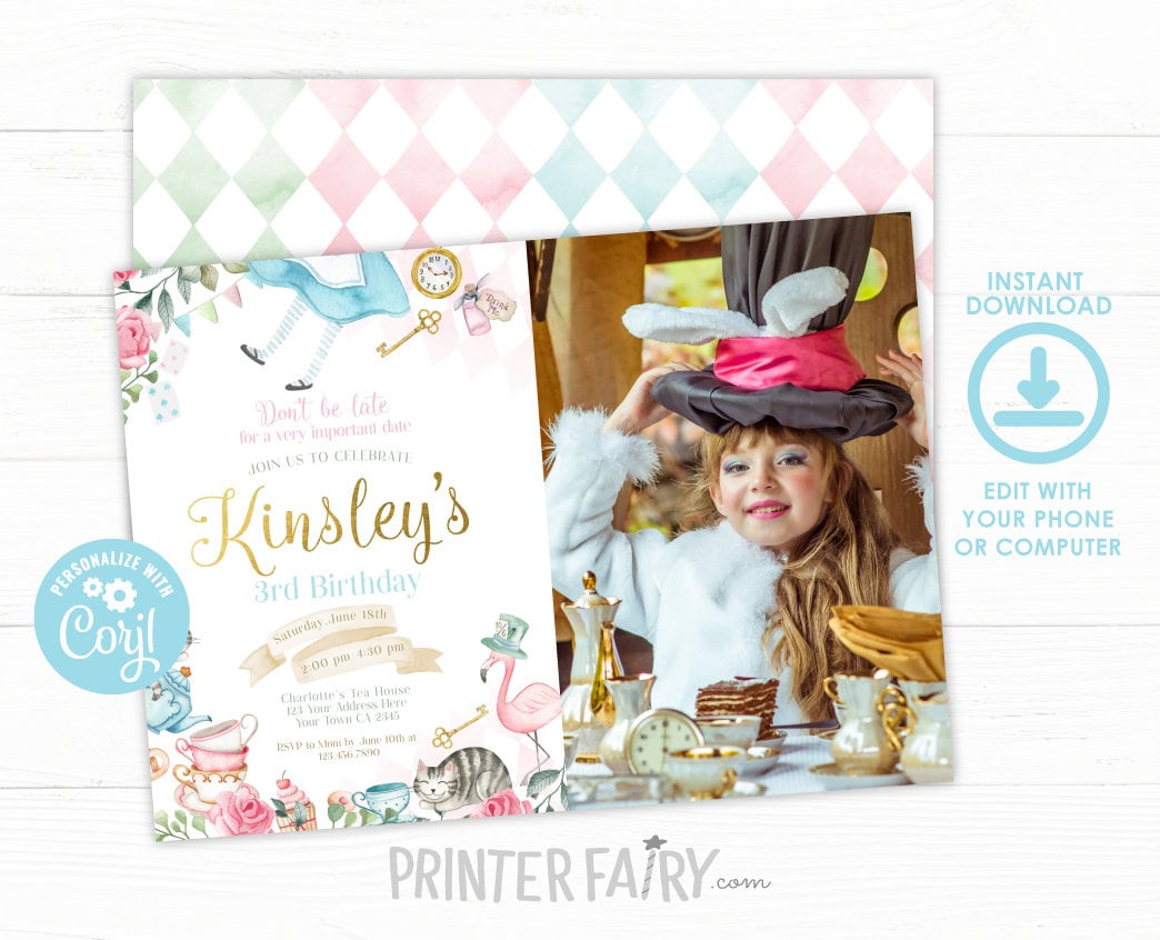 Alice in Wonderland Birthday Invitation with Photo, Editable Tea Party (Instant Download)