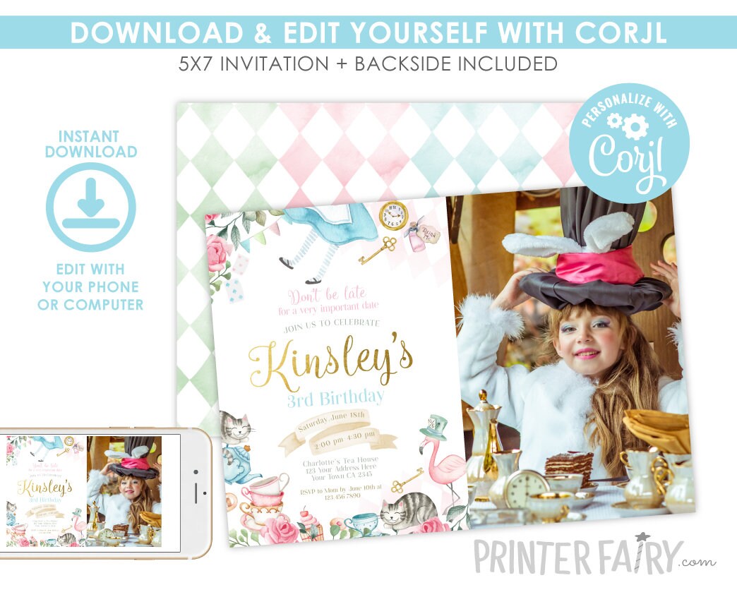 Alice in Wonderland Birthday Invitation with Photo, Editable Tea Party (Instant Download)