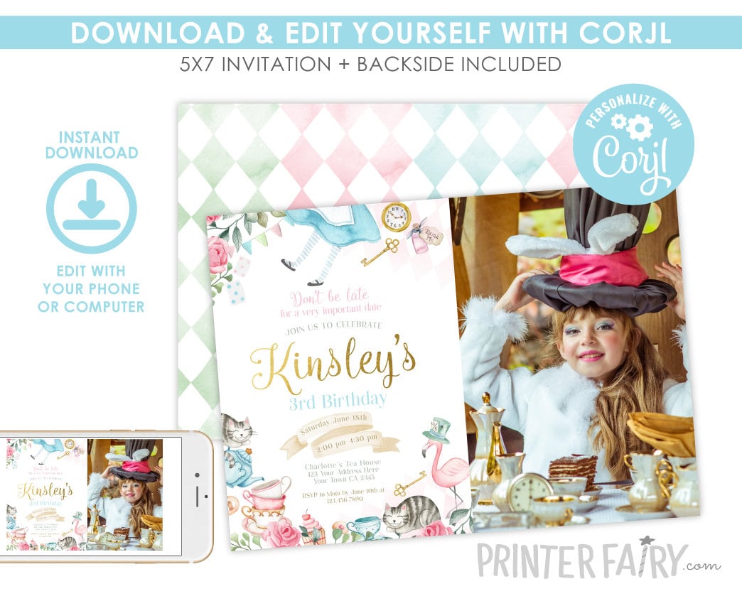 Alice in Wonderland Birthday Invitation with Photo, Editable Tea Party (Instant Download)