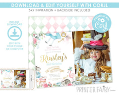 Alice in Wonderland Birthday Invitation with Photo, Editable Tea Party (Instant Download)