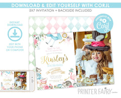 Alice in Wonderland Birthday Invitation with Photo, Editable Tea Party (Instant Download)
