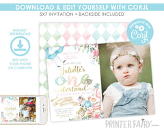 Alice in Wonderland Birthday Invitation, Photo, Editable Onederland (Digital Download)