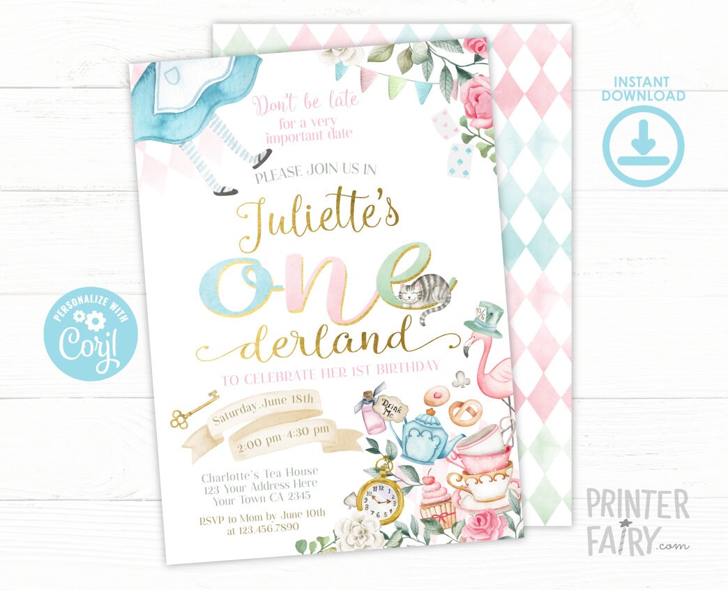 Alice in Onederland Birthday Invitation, Editable Template (Instant Download)