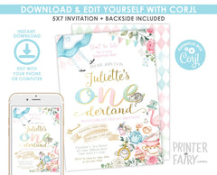 Alice in Onederland Birthday Invitation, Editable Template (Instant Download)