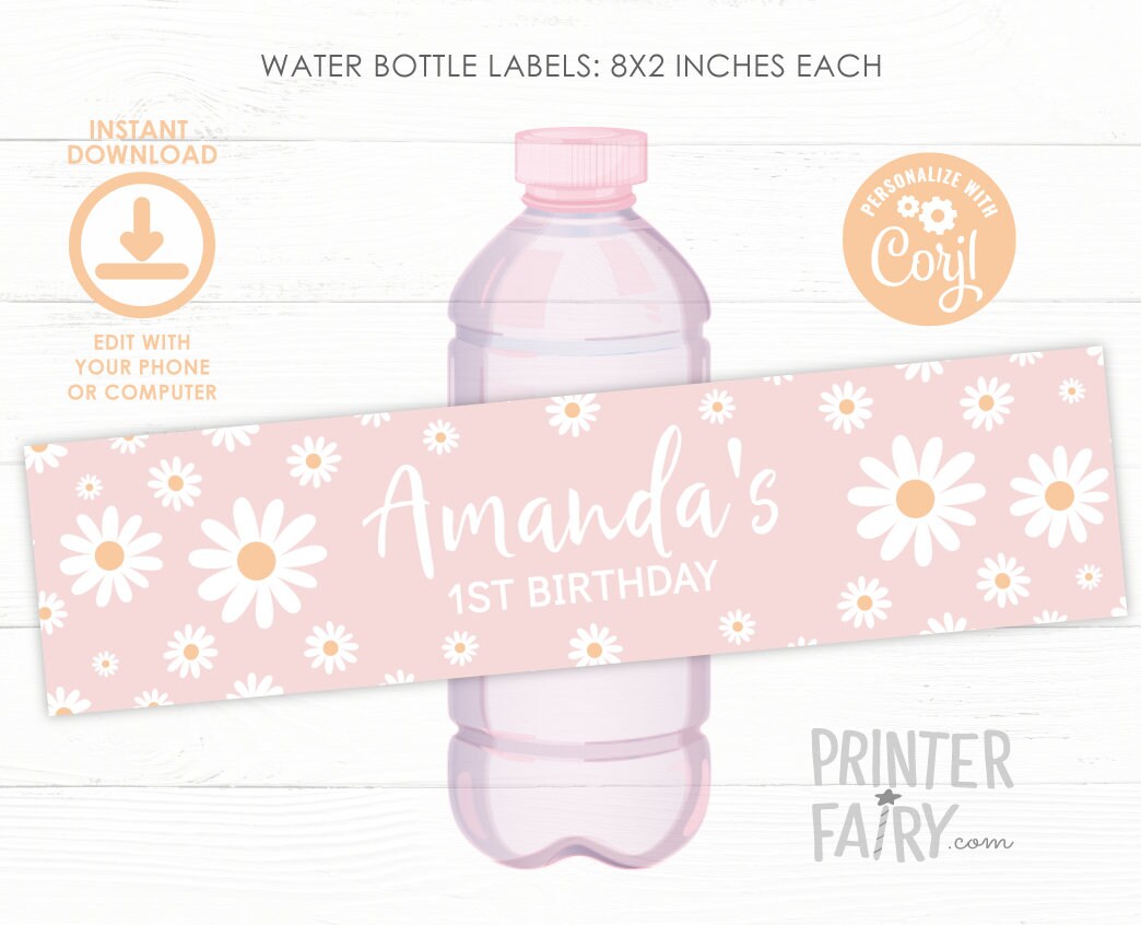 Editable Daisy Water Bottle Labels, Floral Birthday Party (Digital Download)
