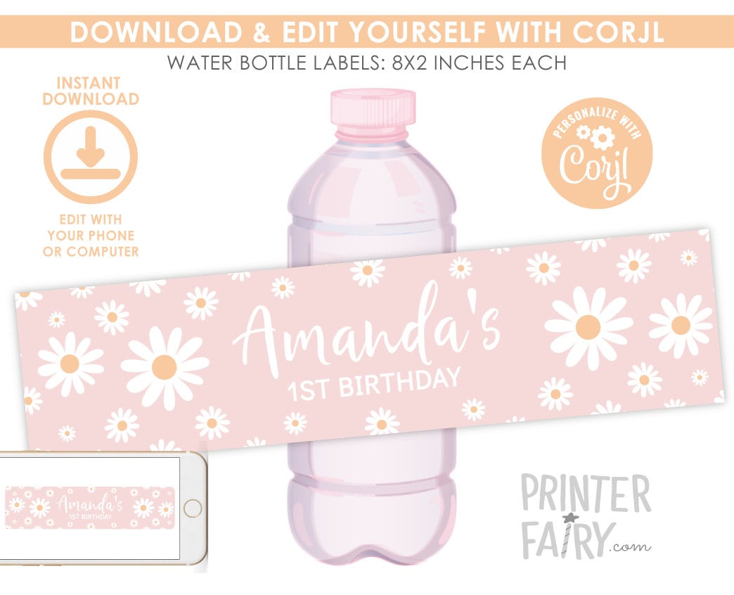 Editable Daisy Water Bottle Labels, Floral Birthday Party (Digital Download)