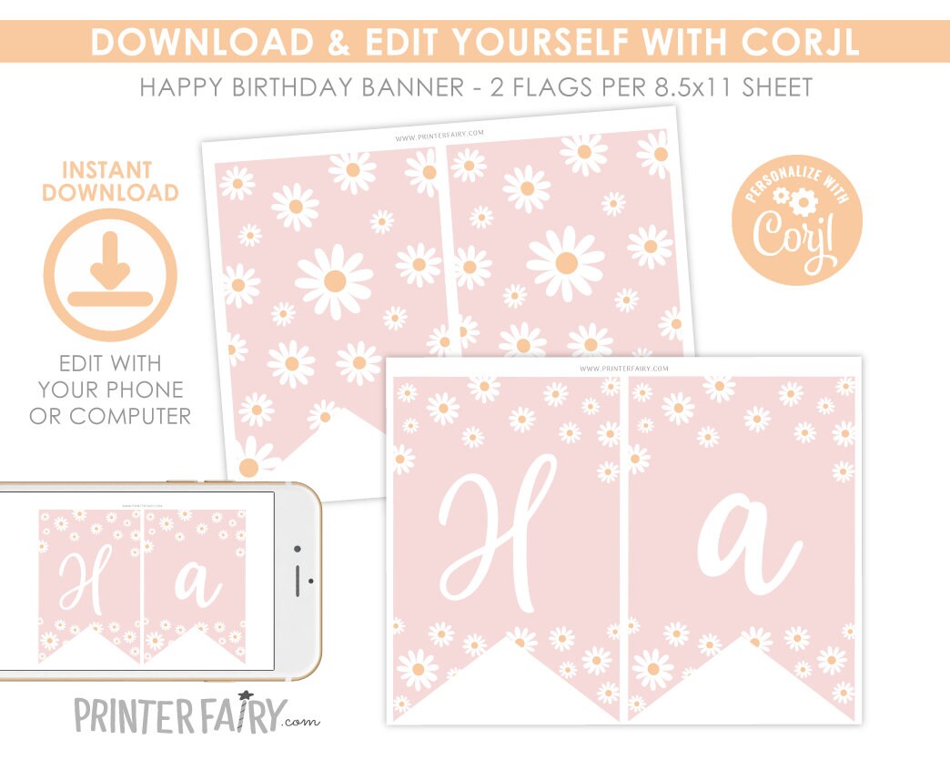 Daisy Birthday Party Printable Banner Decorations Editable Template, INSTANT DOWNLOAD