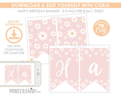 Daisy Birthday Party Printable Banner Decorations Editable Template, INSTANT DOWNLOAD