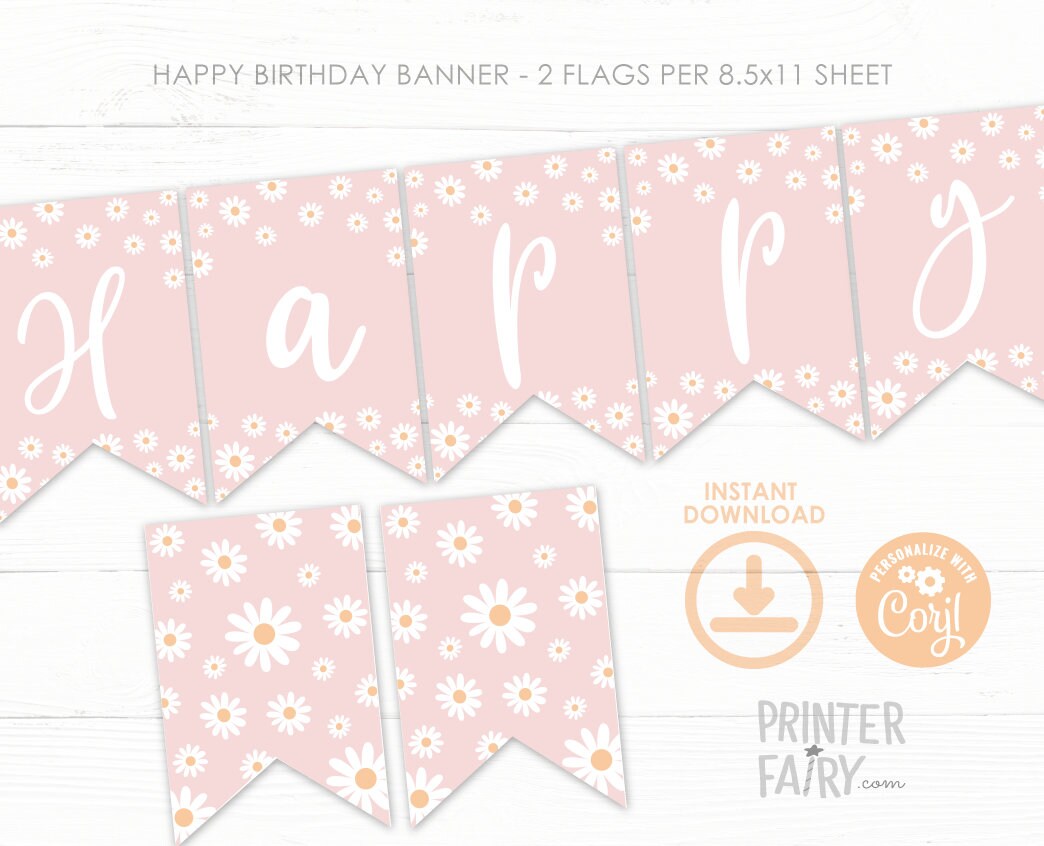 Daisy Birthday Party Printable Banner Decorations Editable Template, INSTANT DOWNLOAD