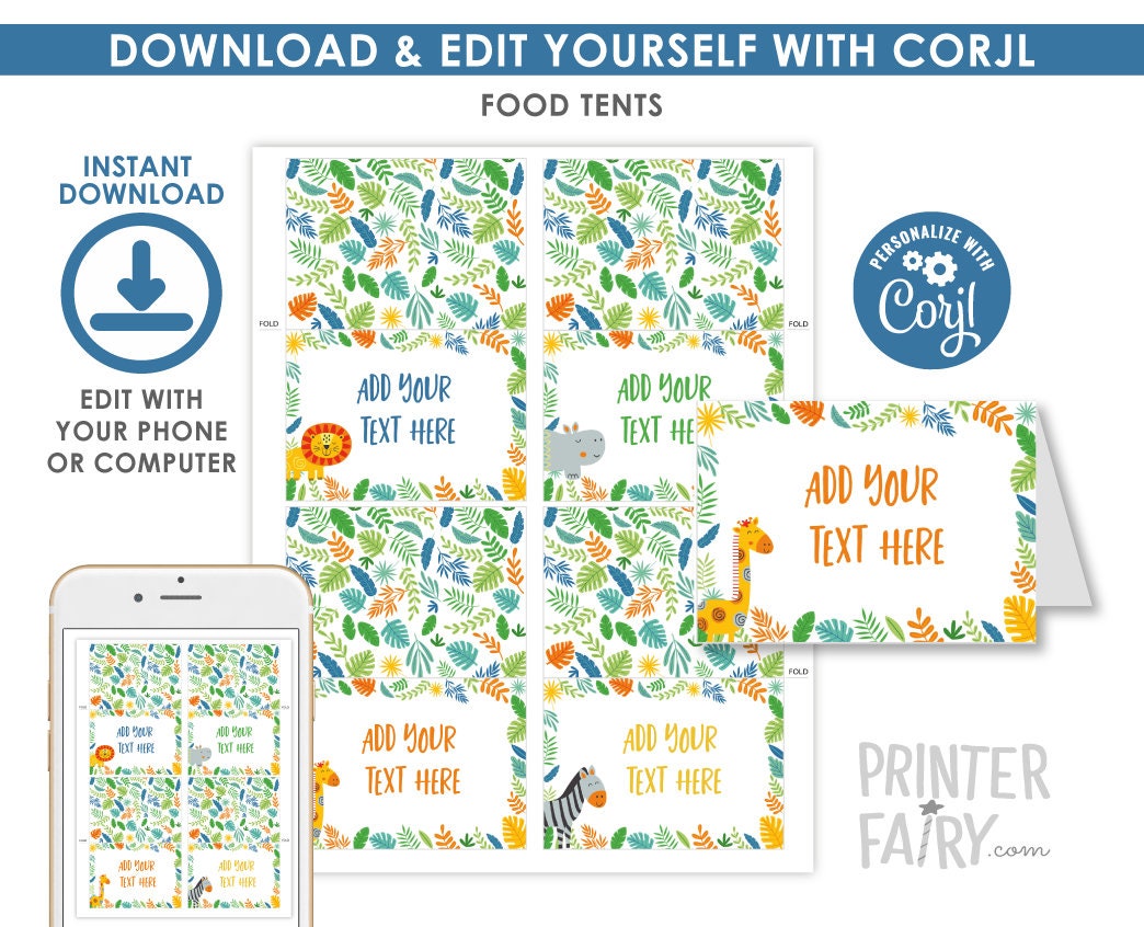 Jungle Birthday Party Food Tents Editable Template, Instant Download