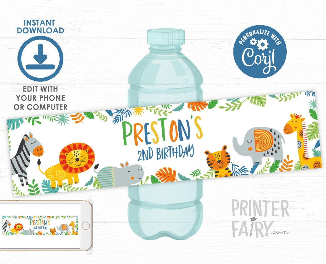 Editable Jungle Birthday Water Bottle Labels (Digital Download)