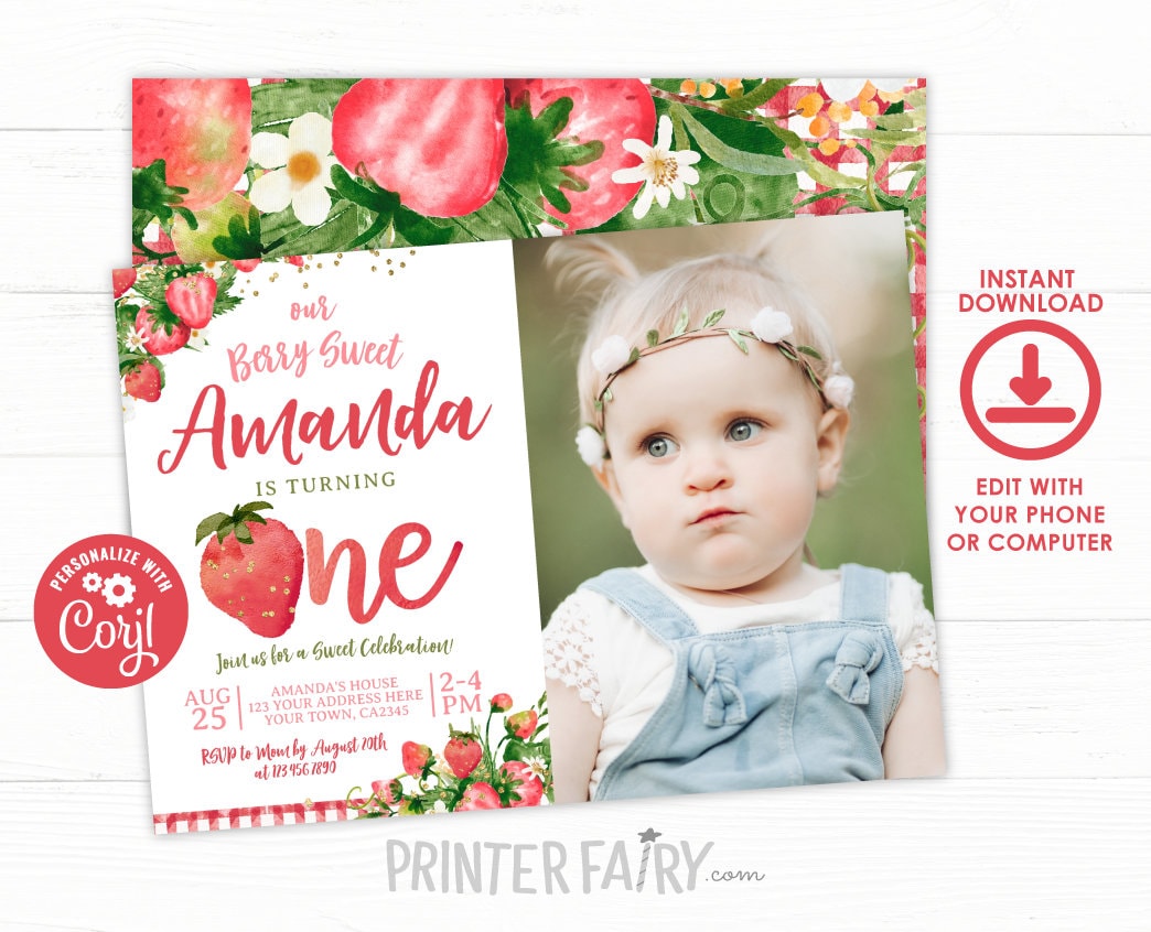 Strawberry First Birthday Invitation with photo EDITABLE Template INSTANT DOWNLOAD