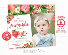 Strawberry First Birthday Invitation with photo EDITABLE Template INSTANT DOWNLOAD