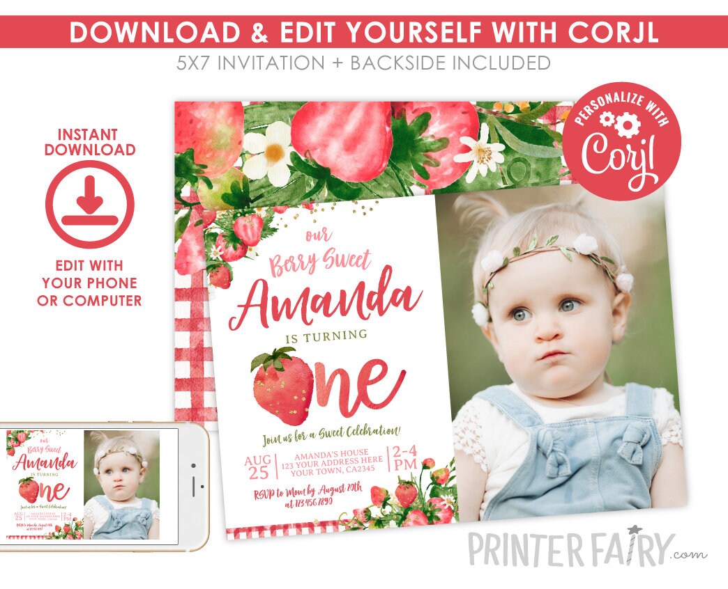 Strawberry First Birthday Invitation with photo EDITABLE Template INSTANT DOWNLOAD