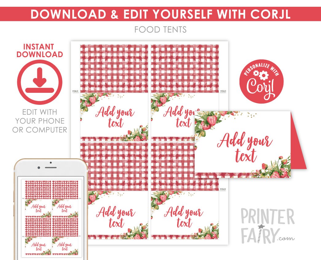 Editable Strawberry Food Tents, Fruit Birthday Party Labels (Digital Download)
