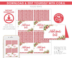 Editable Strawberry Food Tents, Fruit Birthday Party Labels (Digital Download)