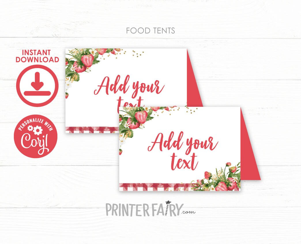 Editable Strawberry Food Tents, Fruit Birthday Party Labels (Digital Download)