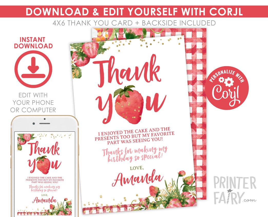 Strawberry Thank You Cards, Fruit Birthday Party, Editable Notes (Digital Download)