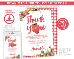 Strawberry Thank You Cards, Fruit Birthday Party, Editable Notes (Digital Download)
