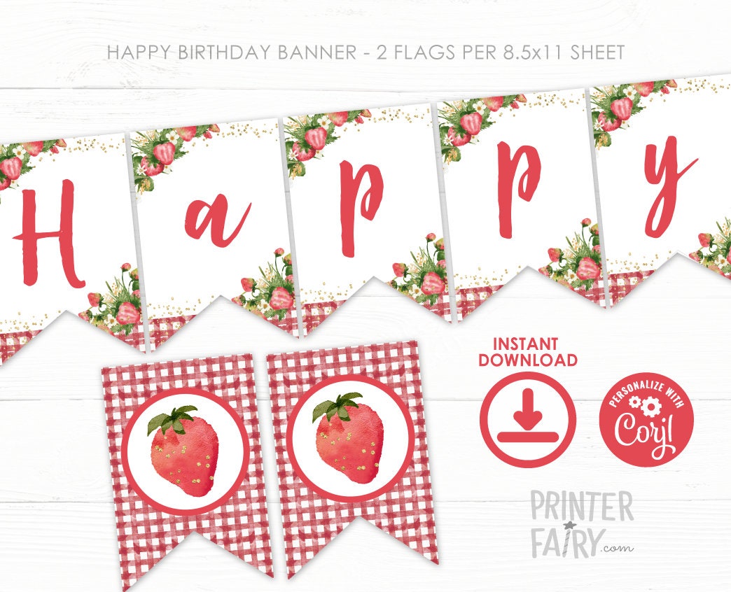 Strawberry Birthday Banner, Editable Party Decor (Instant Download)