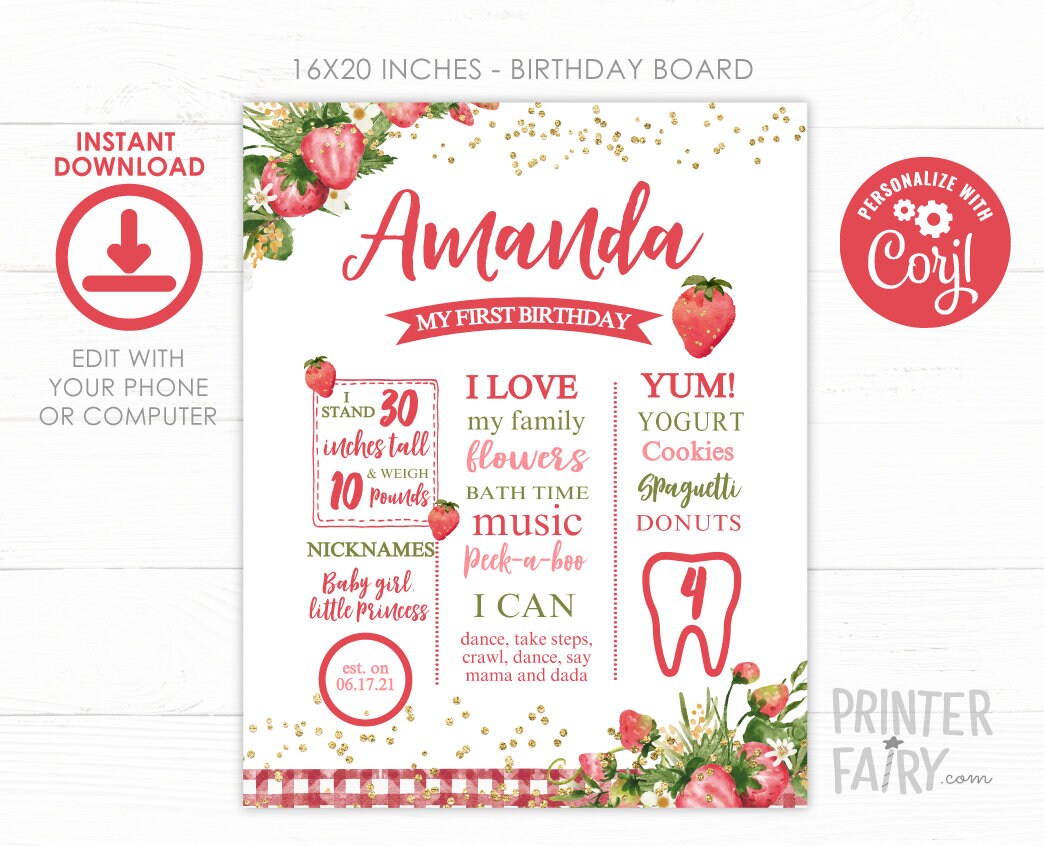 Strawberry First Birthday Milestone Board, Fruit Party Sign (Instant Download)