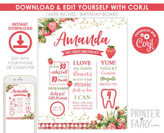 Strawberry First Birthday Milestone Board, Fruit Party Sign (Instant Download)