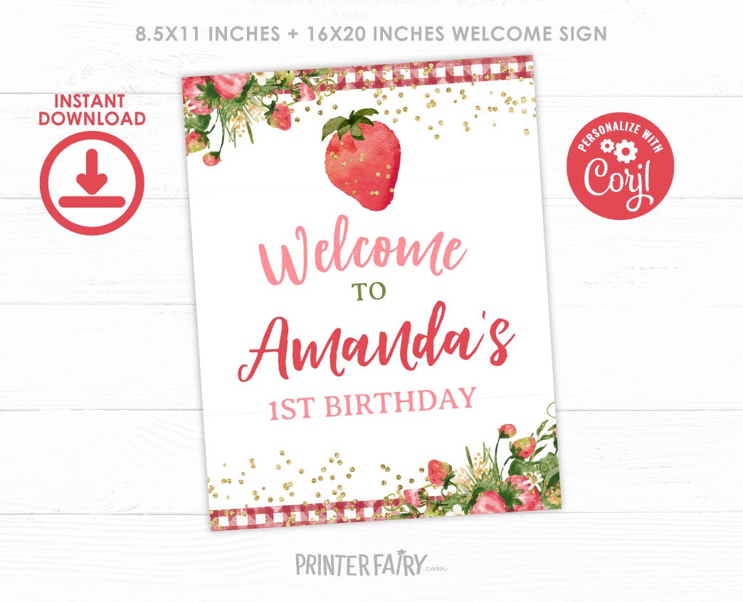 Strawberry Welcome Sign, Fruit Birthday Party Decor (Digital Download)