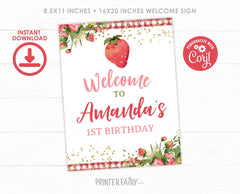 Strawberry Welcome Sign, Fruit Birthday Party Decor (Digital Download)
