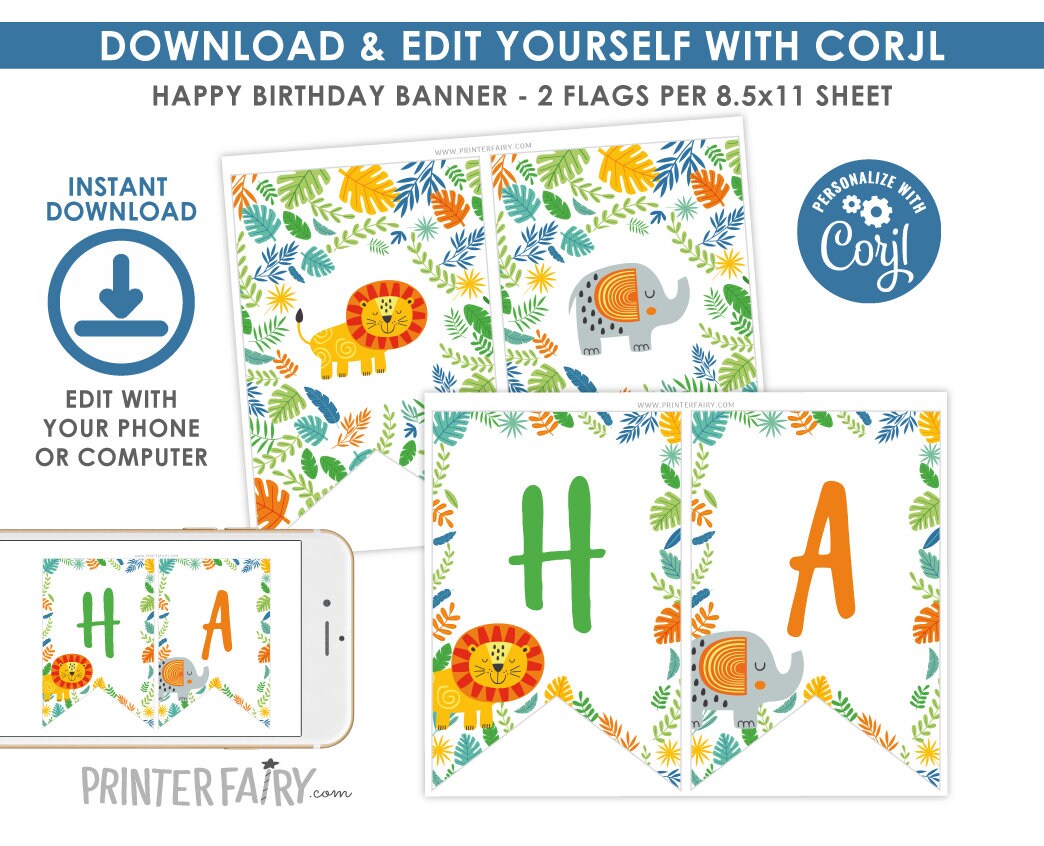 Jungle Birthday Banner, Safari Party Decorations (EDITABLE, Instant Download)