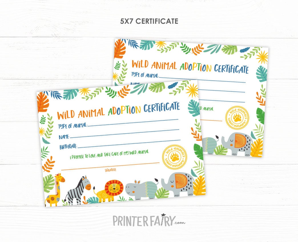 Safari Animal Adoption Party Printable Sign, Certificate (Instant Download)
