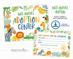 Safari Animal Adoption Party Printable Sign, Certificate (Instant Download)