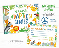 Safari Animal Adoption Party Printable Sign, Certificate (Instant Download)
