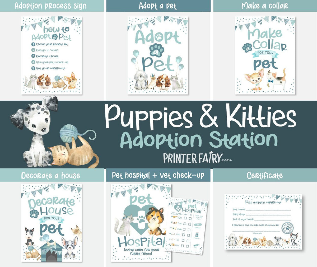 Puppies & Kitties Adoption Party Signs, Pet Birthday Decor (Instant Download)