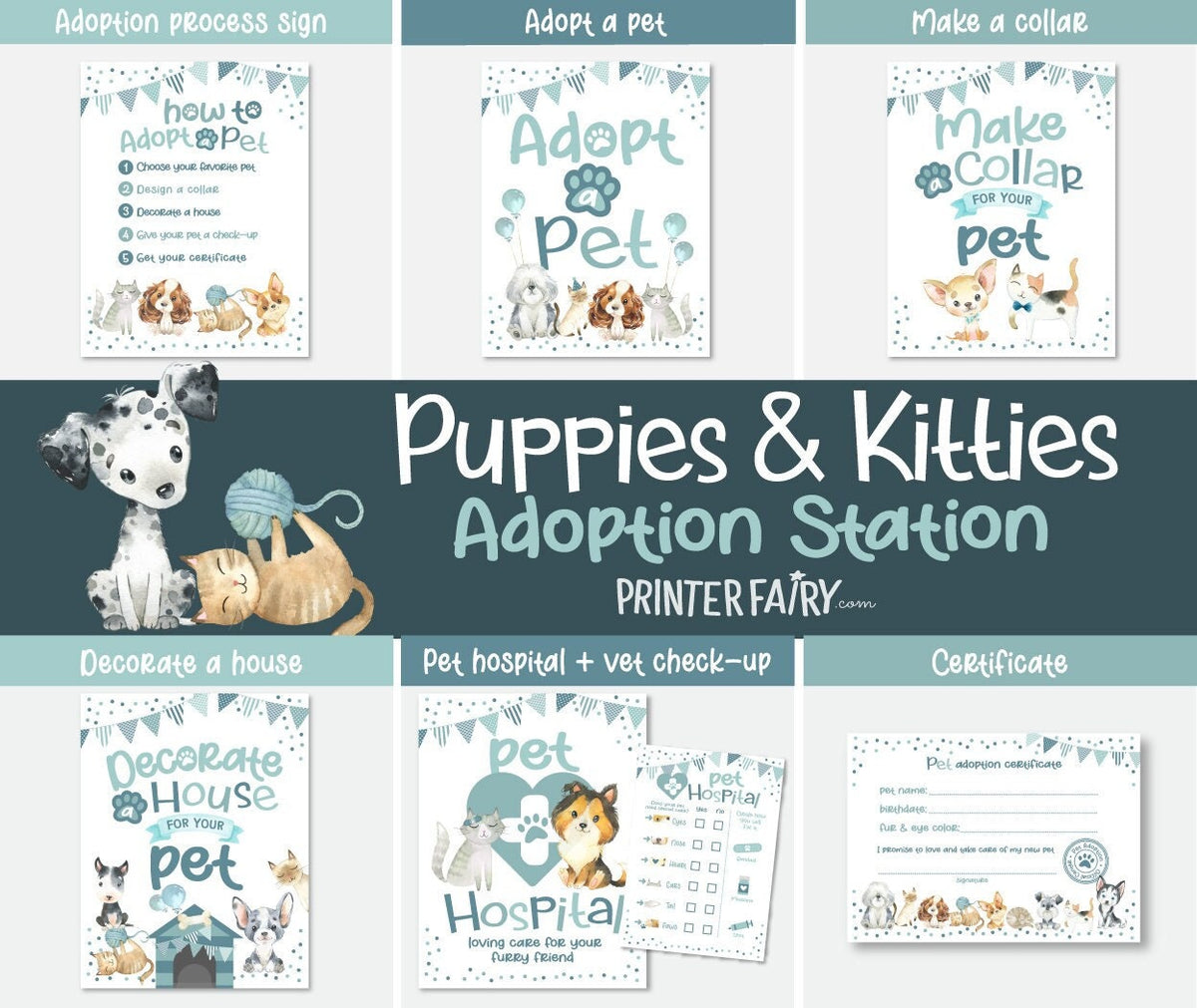 Puppies & Kitties Adoption Party Signs, Pet Birthday Decor (Instant Download)