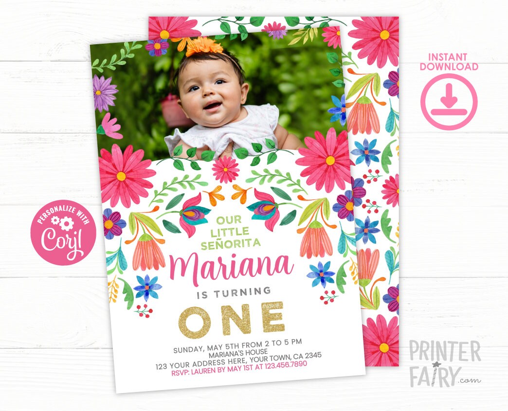 Fiesta 1st Birthday Invitation with Photo, Little Señorita (Digital Invite)