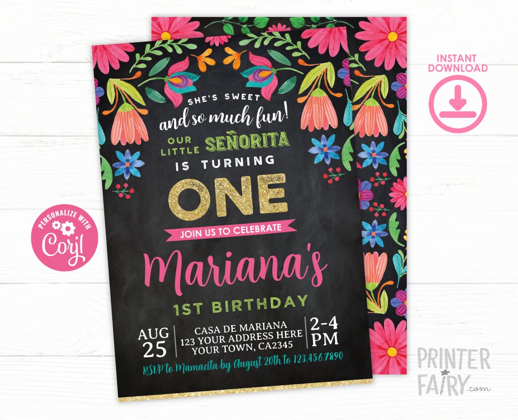 Fiesta 1st Birthday Floral Invitation, Editable Digital Invite, Instant Download