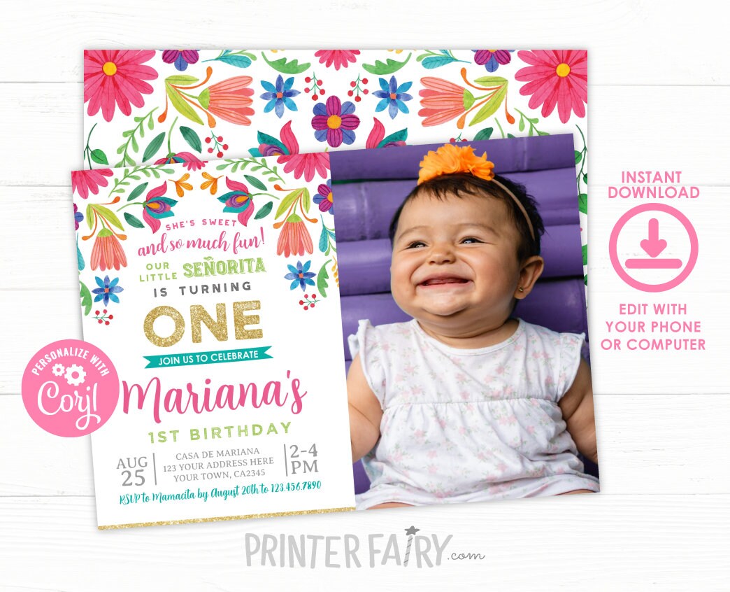 Fiesta 1st Birthday Invitation with Photo, Little Senorita (Digital Invite)