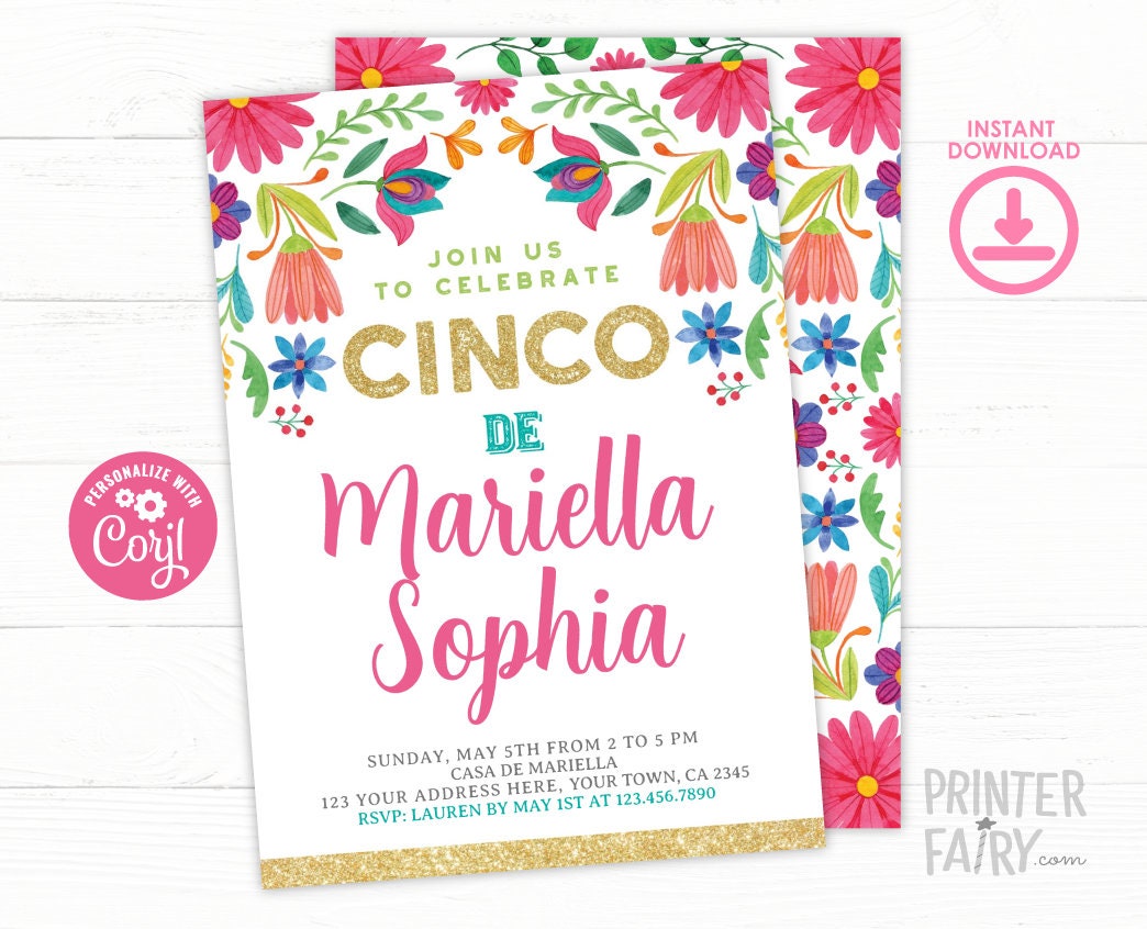 Floral Fiesta Invitation, Cinco de Mayo 5th Birthday, EDITABLE Digital Invite