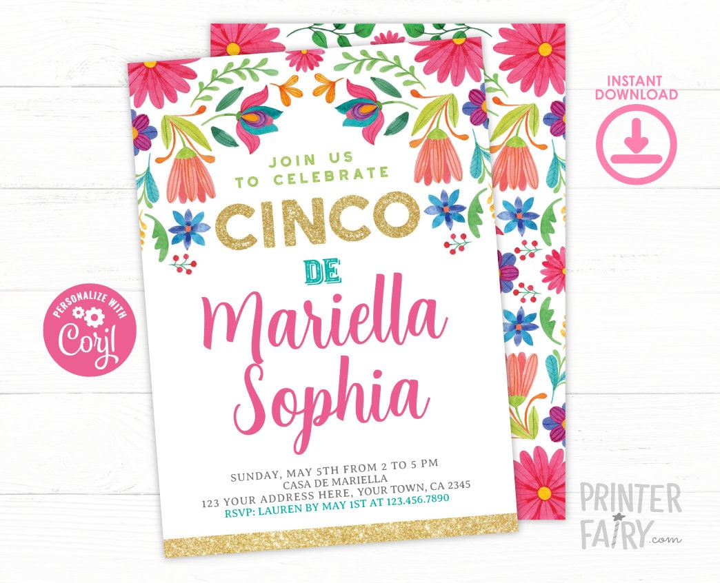 Floral Fiesta Invitation, Cinco de Mayo 5th Birthday, EDITABLE Digital Invite