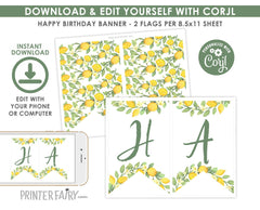 Lemon Birthday Banner, Editable Citrus Party Decor (Instant Download)