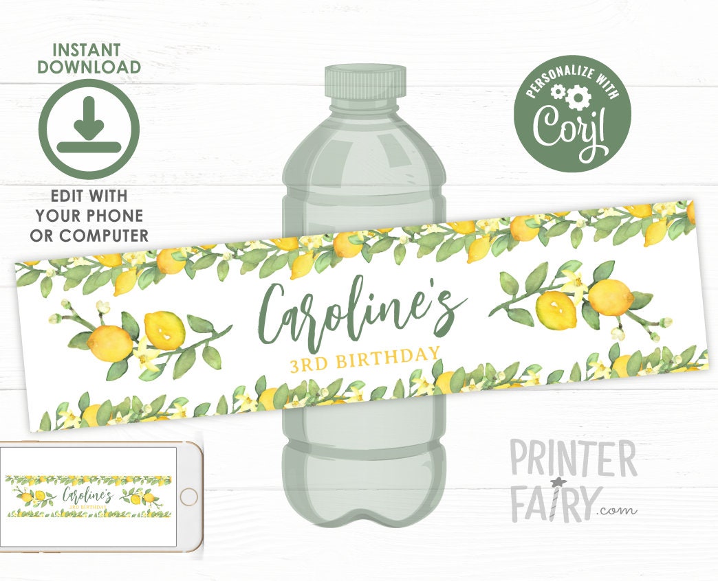 Lemon Birthday Party Water Bottle Labels, Editable Citrus Label (Instant Download)