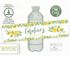 Lemon Birthday Party Water Bottle Labels, Editable Citrus Label (Instant Download)