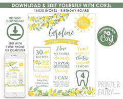 Lemon 1st Birthday Milestone Board, Citrus Party Decor (Editable, Instant Download)