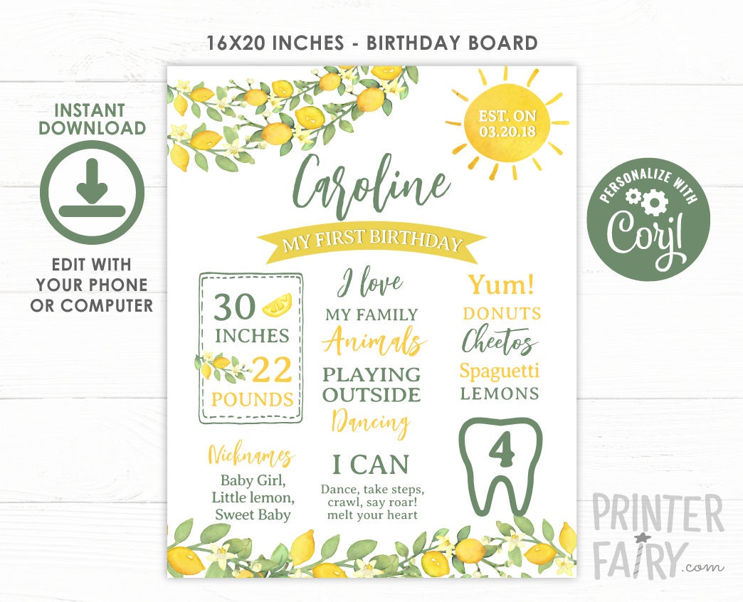 Lemon 1st Birthday Milestone Board, Citrus Party Decor (Editable, Instant Download)